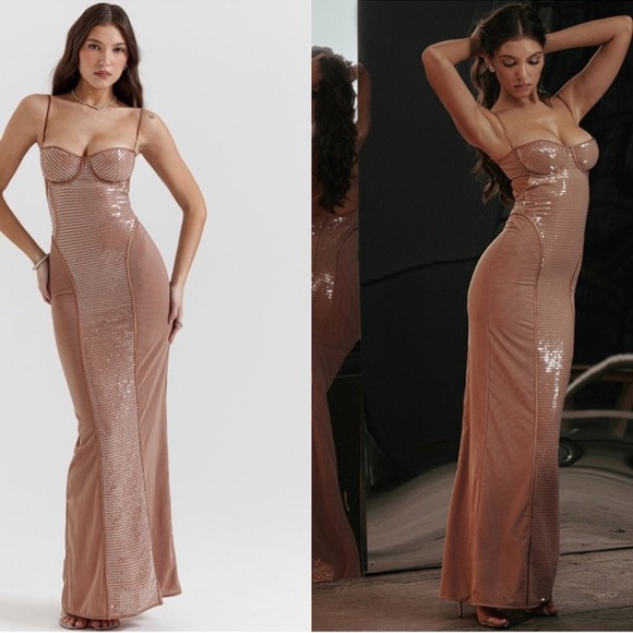 NWOT HOUSE OF CB 'Bonita' Cafe Au Lait brown Sequin Maxi Dress sz S - Picture 4 of 10